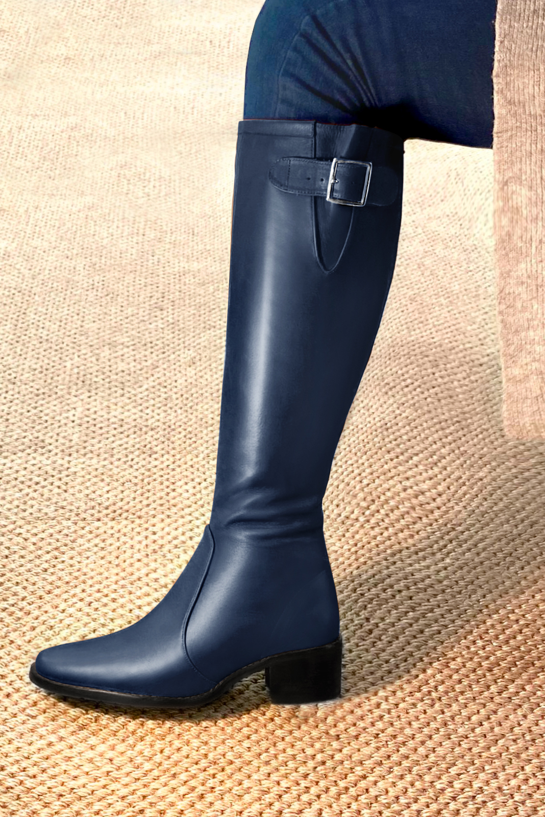 Navy blue women's knee-high boots with buckles. Round toe. Low leather soles. Made to measure. Rear view - Florence KOOIJMAN